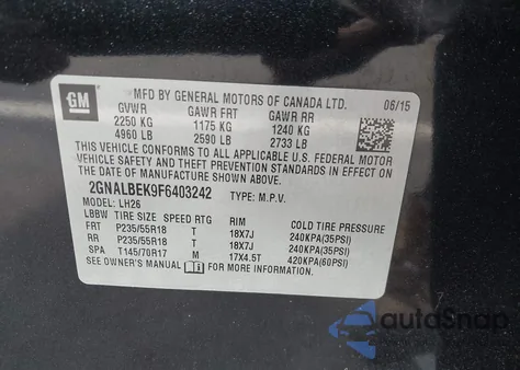 2015 Chevrolet Equinox 1Lt from USA, damaged, VIN 2GNALBEK9F6403242